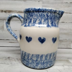 Vintage Roseville Ohio Friendship Pottery Blue Spongeware w/Blue Heart / Farmhouse Ironstone Pitcher  / Farmhouse Kitchen