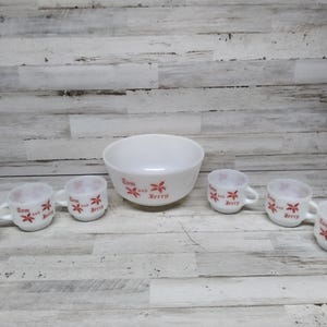 Fire King Anchor Hocking Tom n Jerry Egg Nog Punch Bowl & 6 Cups Set / Vintage Milk Glass Bowl With 6 Cups/ Holiday Service Set