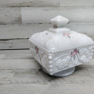 Westmoreland Milk Glass Covered Candy Dish Hand Painted Rose Pattern Paneled Grape Milk Glass Honey Dish Compote