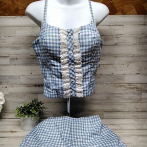 Vintage Badeanzug von The Villager / 60's Badeanzug Größe 44 / Blau n Weiß Gingham Badeanzug