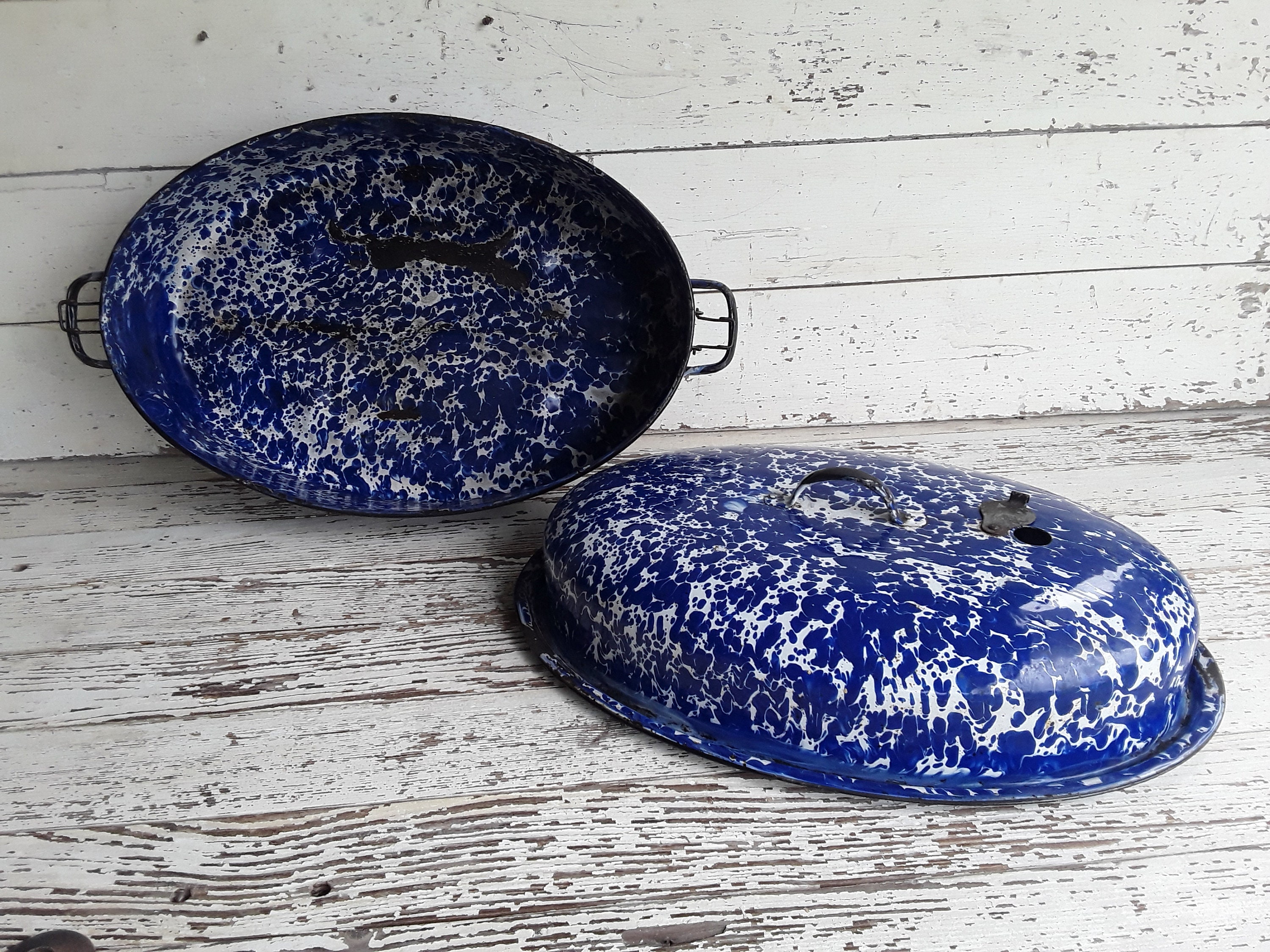 Vintage Blue Splatter Enamelware Roaster With Safety Latches Etsy