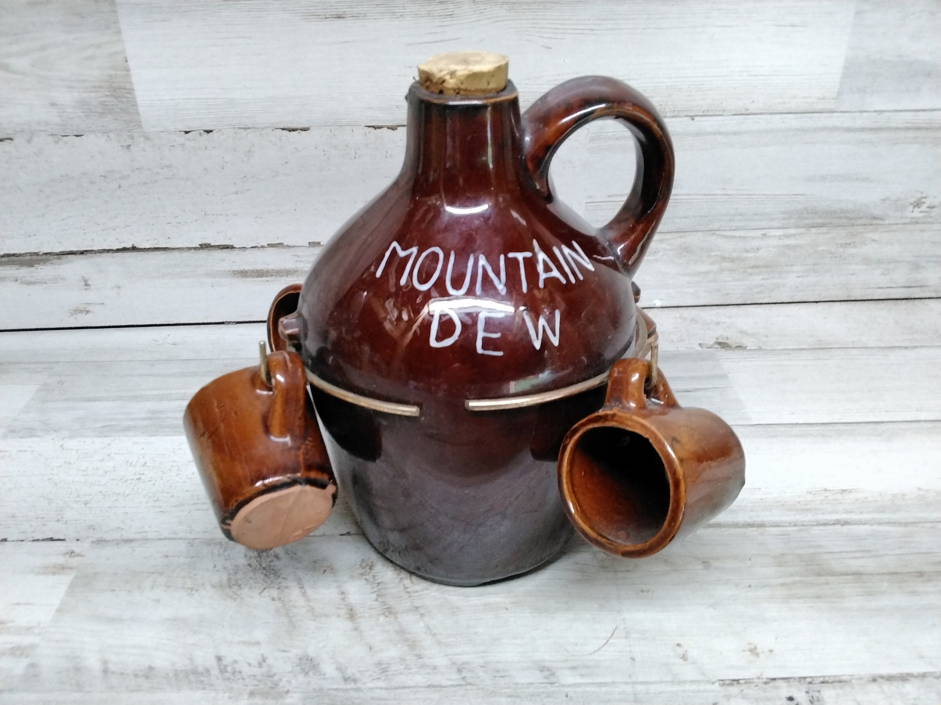Vintage Pottery Mountain Dew Jug with Cups  /  Small Whiskey Crock Jug ~ Stoneware Jug  ~ Enesco Japan