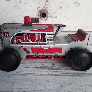 Vintage Marx Tin Wind Up Tractor #5 Red Silver Lithograph Toy Tractor Mar Toy New York, N.Y.