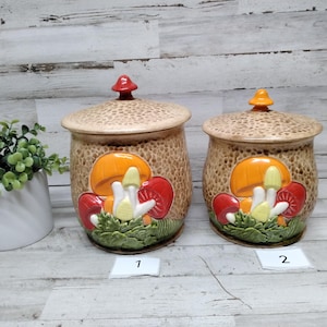 Vintage Mushroom Canister  Hand Painted with Lid 3D 70s Mushroom Kitchen Decor  / Choice of One Canister