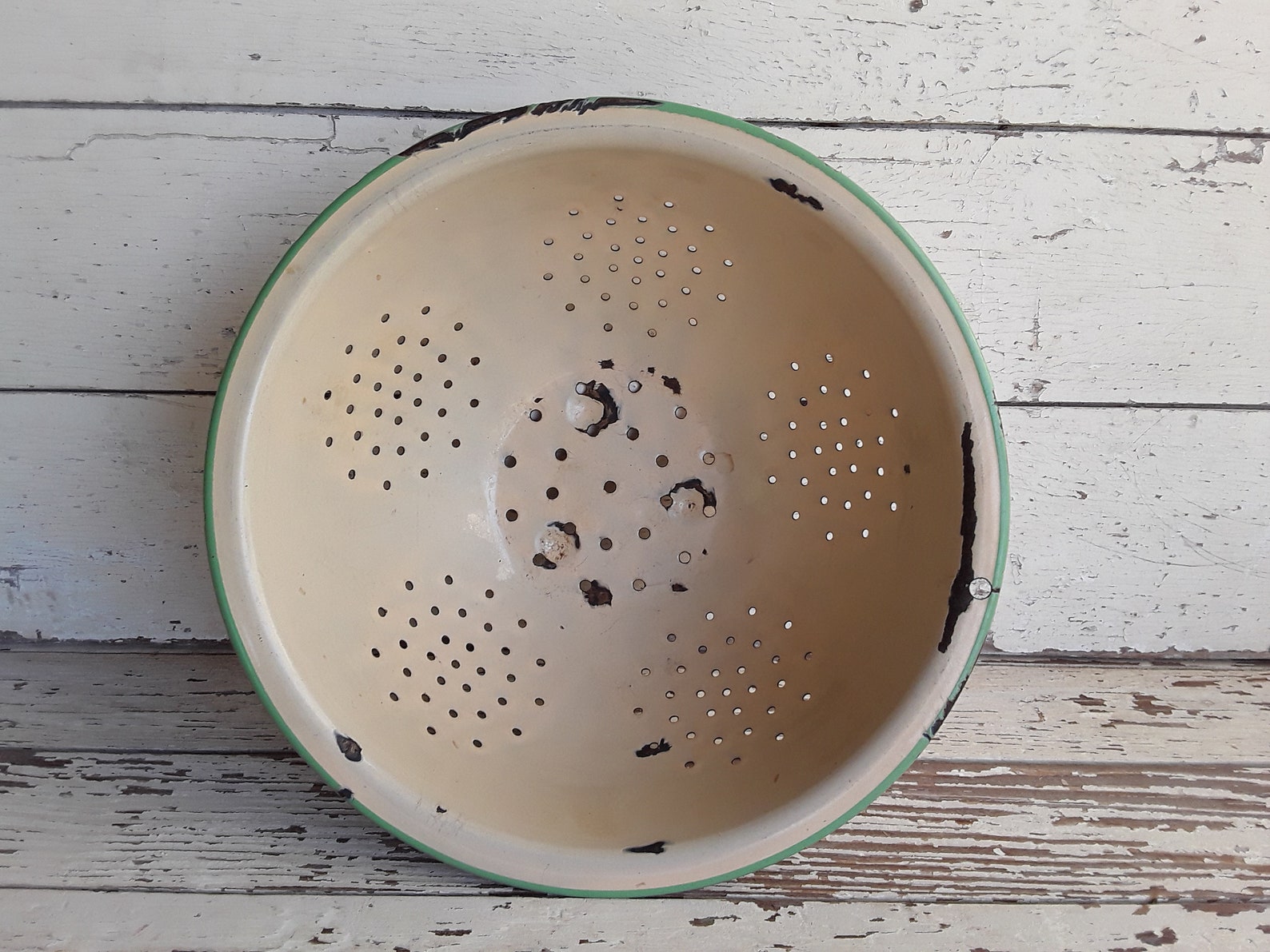 Cream and Green Enamel Colander Vintage French Cream and Green Etsy