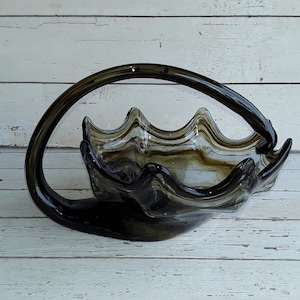 Murano Art Glass Basket Collectible Green/Brown Swirl