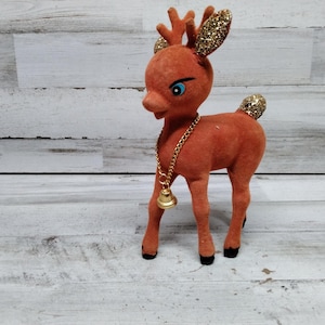 Vintage 1960&#39;S Flocked Deer with Antlers / Flocked Christmas Reindeer   / Vintage Christmas Decor