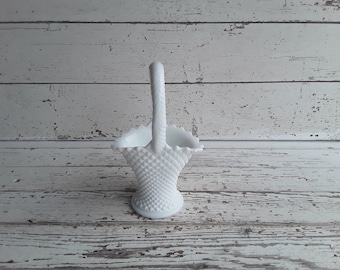 Vintage Milk Glass Basket, English Hobnail Basket, Flower Basket, Wedding Basket, Westmoreland Glass 60's era