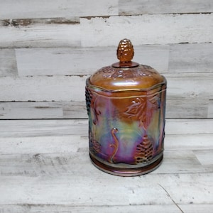 Vintage Indiana Amber Carnival Glass Jar. / Canister Candy Dish /  Amber Grape Leaves Harvest   / Vintage Carnival Glass