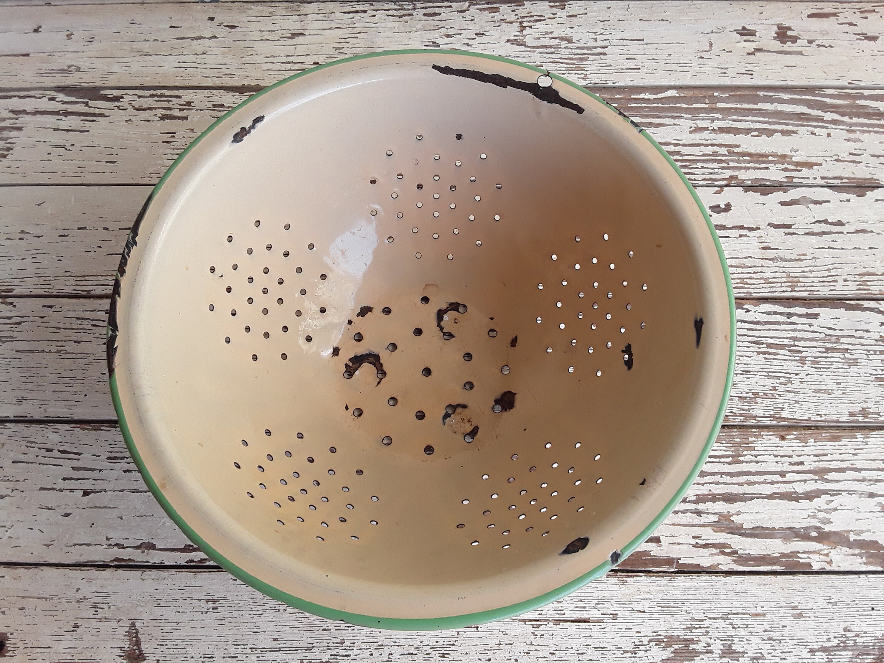 Cream and Green Enamel Colander Vintage French Cream and Green Etsy