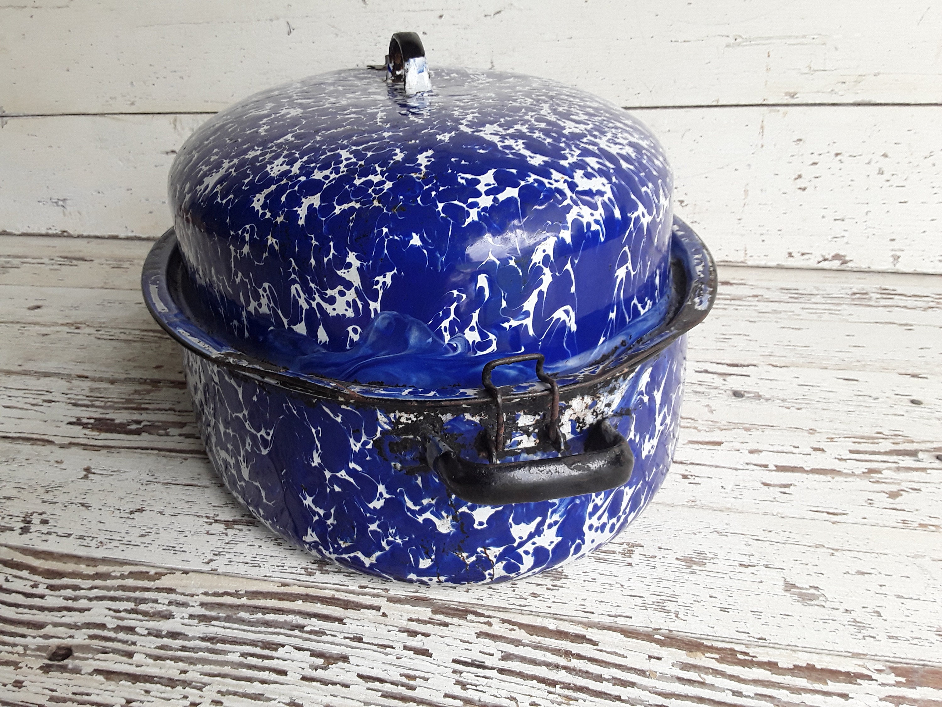 Vintage Blue Splatter Enamelware Roaster With Safety Latches Etsy