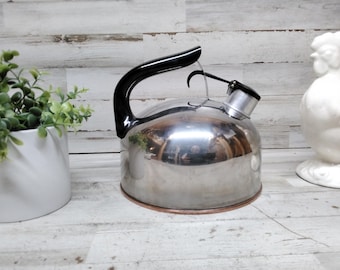 Vintage Revere Ware Stainless Steel Whistling Tea Kettle Classic Signed Copper Bottom Quick Heat Curved Handle