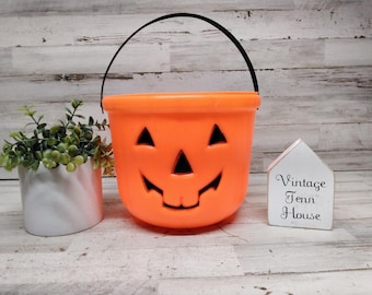 Cubo de Halloween vintage moldeado por soplado, cubo de Halloween de Jack o' Lantern para pedir dulces de los años 90.