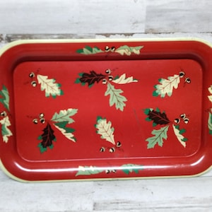 Vintage Tray 1960&#39;s Kitschy Red Metal with Oak Leaves with Acorns Tray