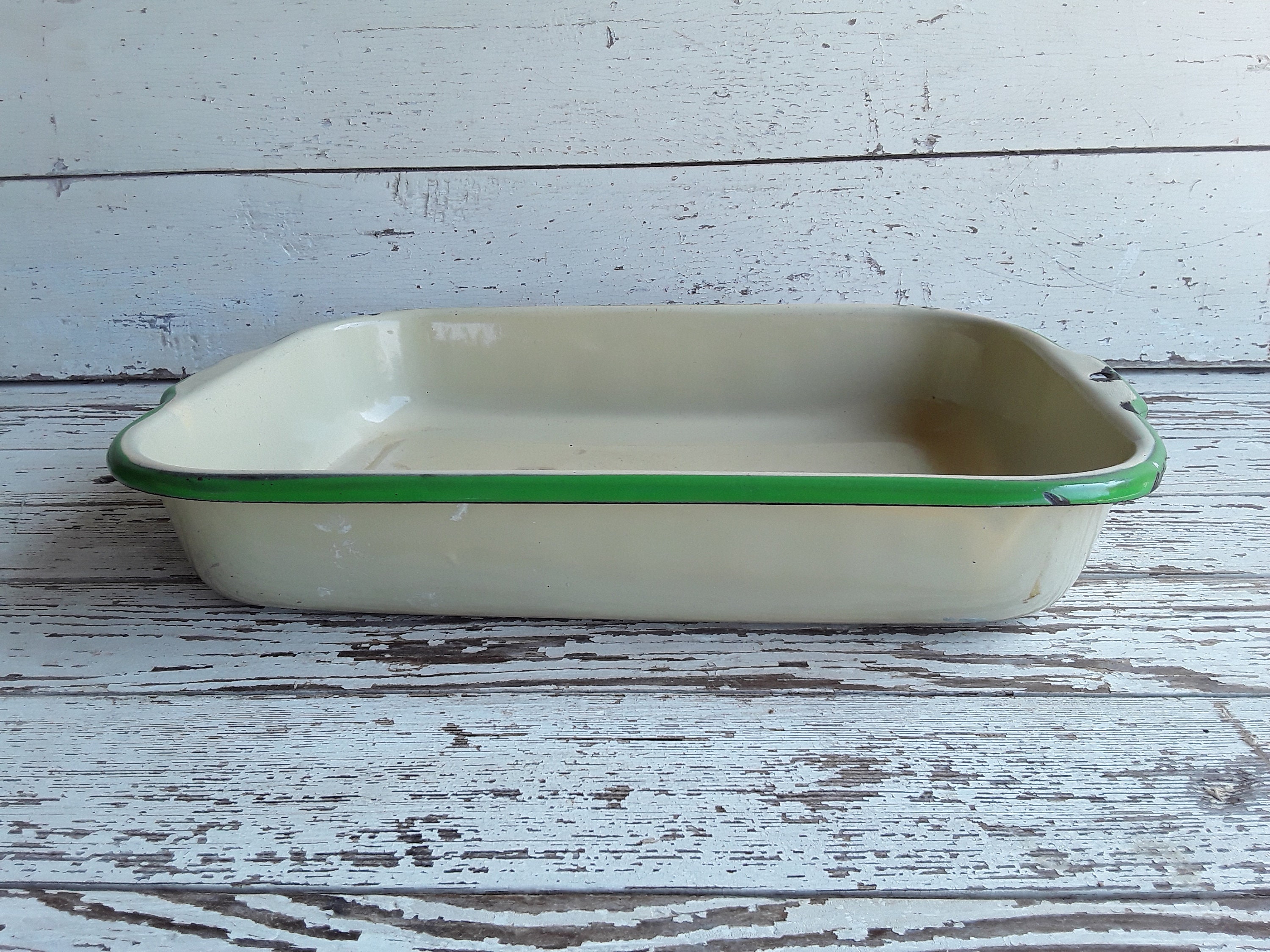 Vintage Enamelware Baking Pan Cream with Green Trim Vintage Etsy