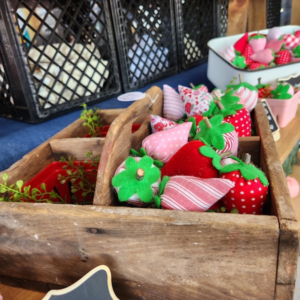 Primitive Wooden Strawberry Crate with Four Red Berry Baskets