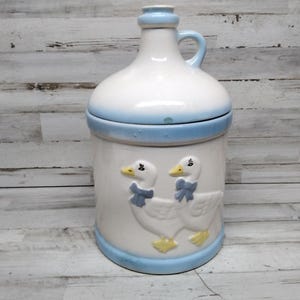 Country Geese Blue Bow Geese Ceramic Canister with Lid 1990s
