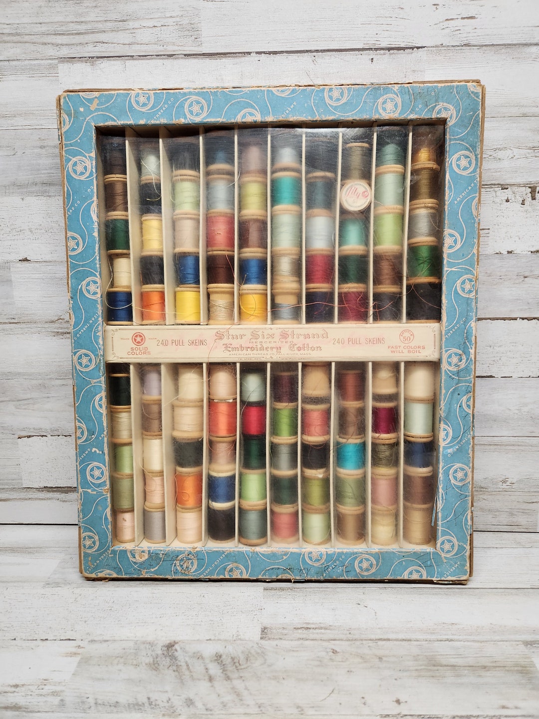 Antique Embroidery Floss Display American Thread Company Star Pearl Twist Compartment Box 20's