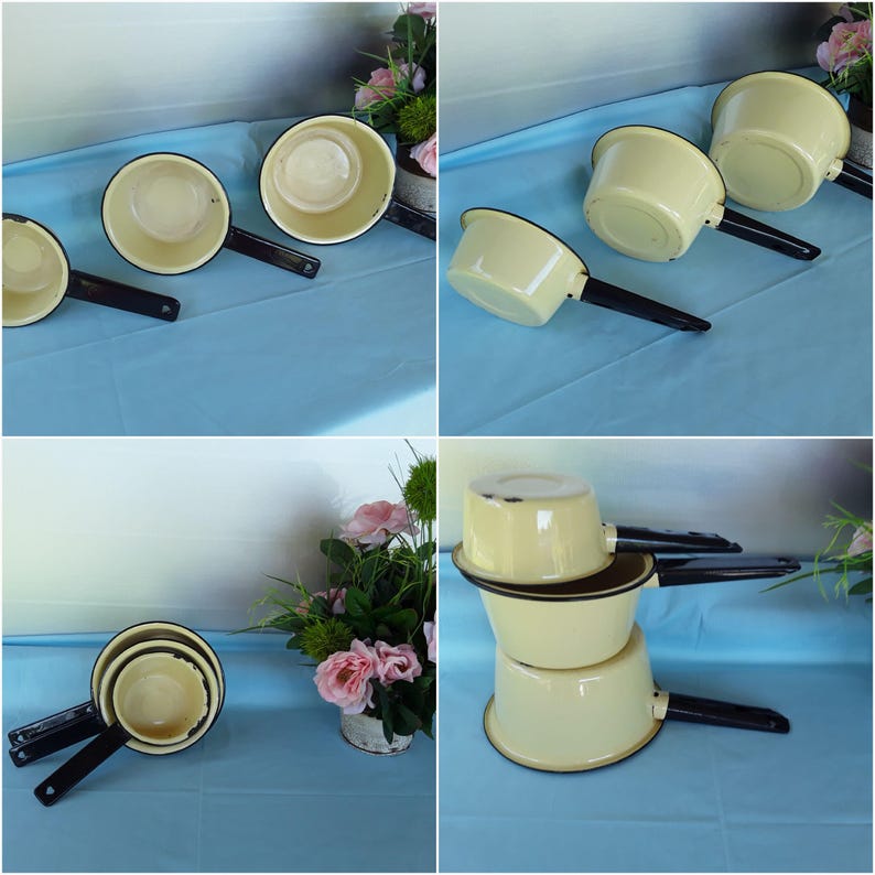 Yellow Enamel Pans Three Sauce Pan Vintage Enamelware Pot Etsy