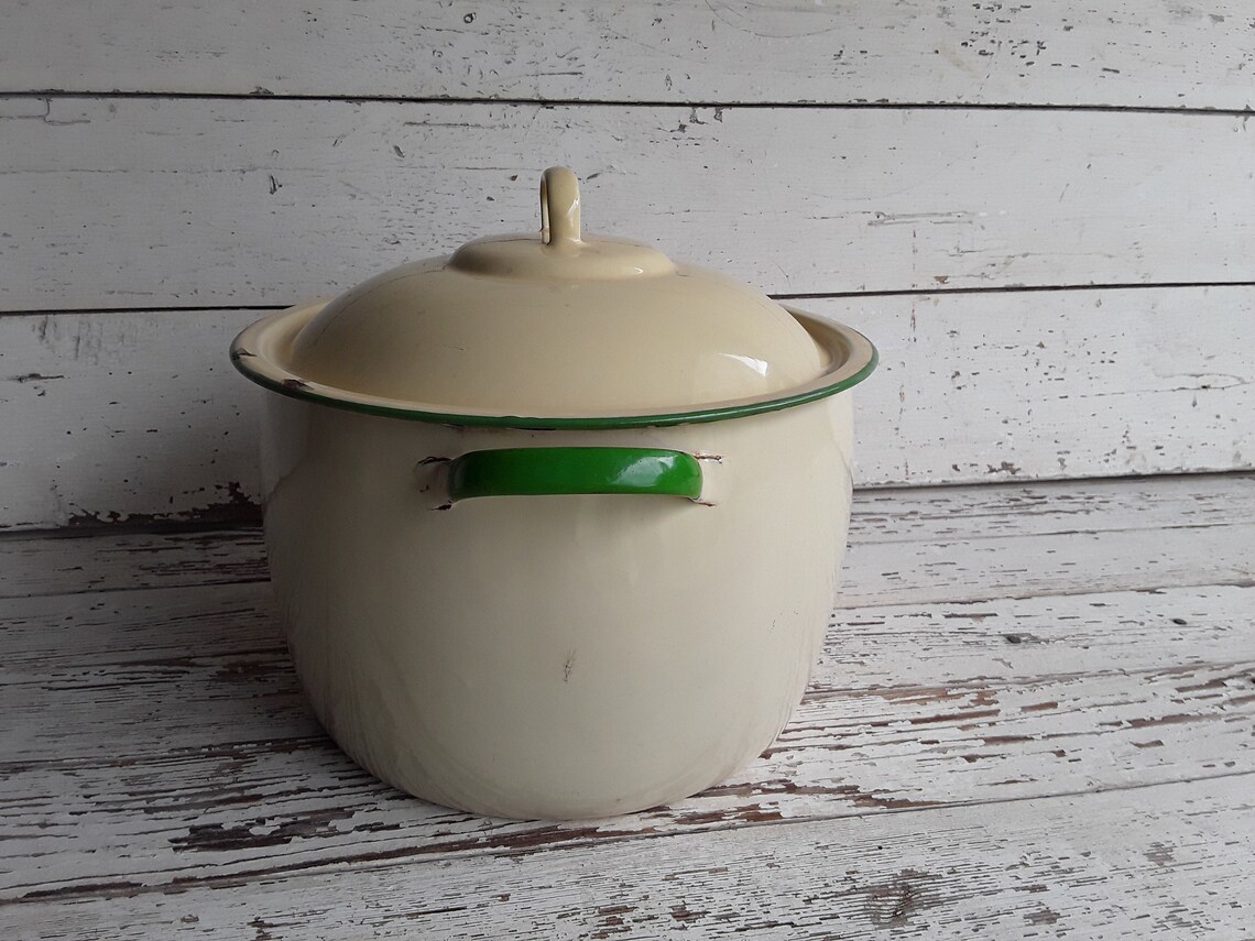 Vintage Cream Enamel Stock Pot with Lid Green Trim Two Etsy