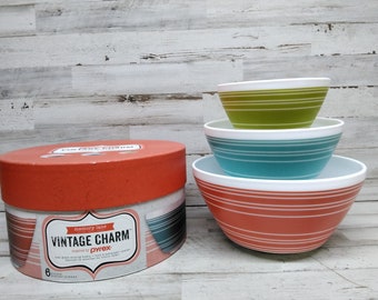 New In Box PYREX Mixing Bowls Set of 3 Vintage Charm Inspired by Pyrex Striped Bowls Memory Lane Pattern Rainbow Stripe