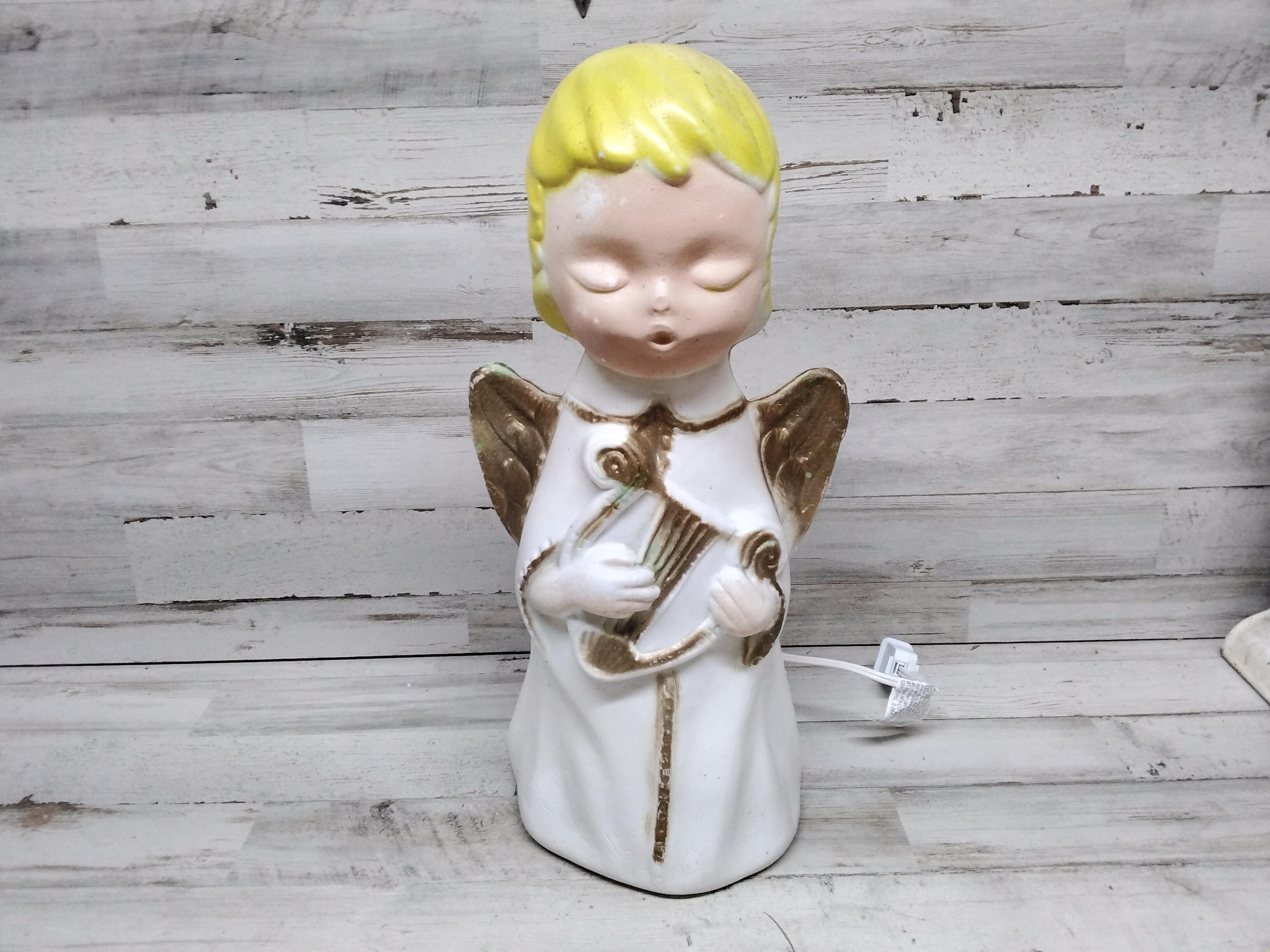 Poloron Angel Singing Blow Mold With Harp / Lighted Rare / Vintage