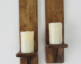 Pair of rustic waxed recycled pallet wood wall sconce LED candle holders