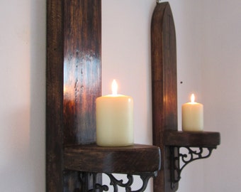 Pair of Gothic / church style reclaimed plank wood wall sconce's candle holders with beautiful cast iron brackets  various sizes available