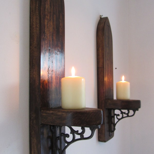 Pair of Gothic / church style reclaimed plank wood wall sconce's candle holders with beautiful cast iron brackets  various sizes available