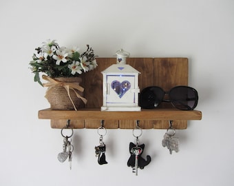 Rustic recycled pine wood key holder with shelf / entryway shelf / key rack / kitchen organizer