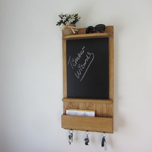 Reclaimed wood kitchen organizer 3 hook key holder with shelf , letter rack & large a3 chalk board / blackboard medium oak wax