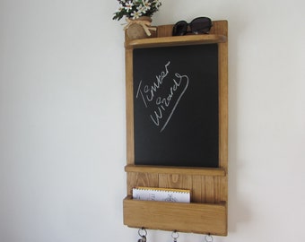 Rustic Reclaimed Wood Kitchen Organizer, Chalkboard, Key Holder