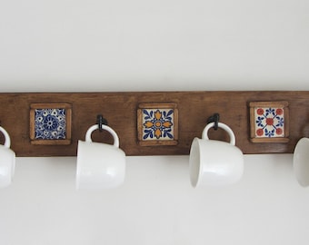 Mexican kitchen cup hooks cup rack / mug holder Rustic reclaimed wood hand painted Mexican terracotta tiles cast iron hooks