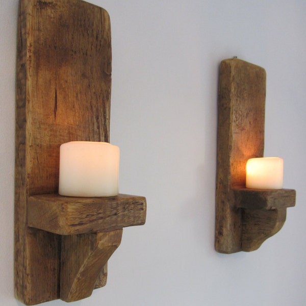 Pair of rustic reclaimed plank wood chunky wall sconce LED candle holders various sizes