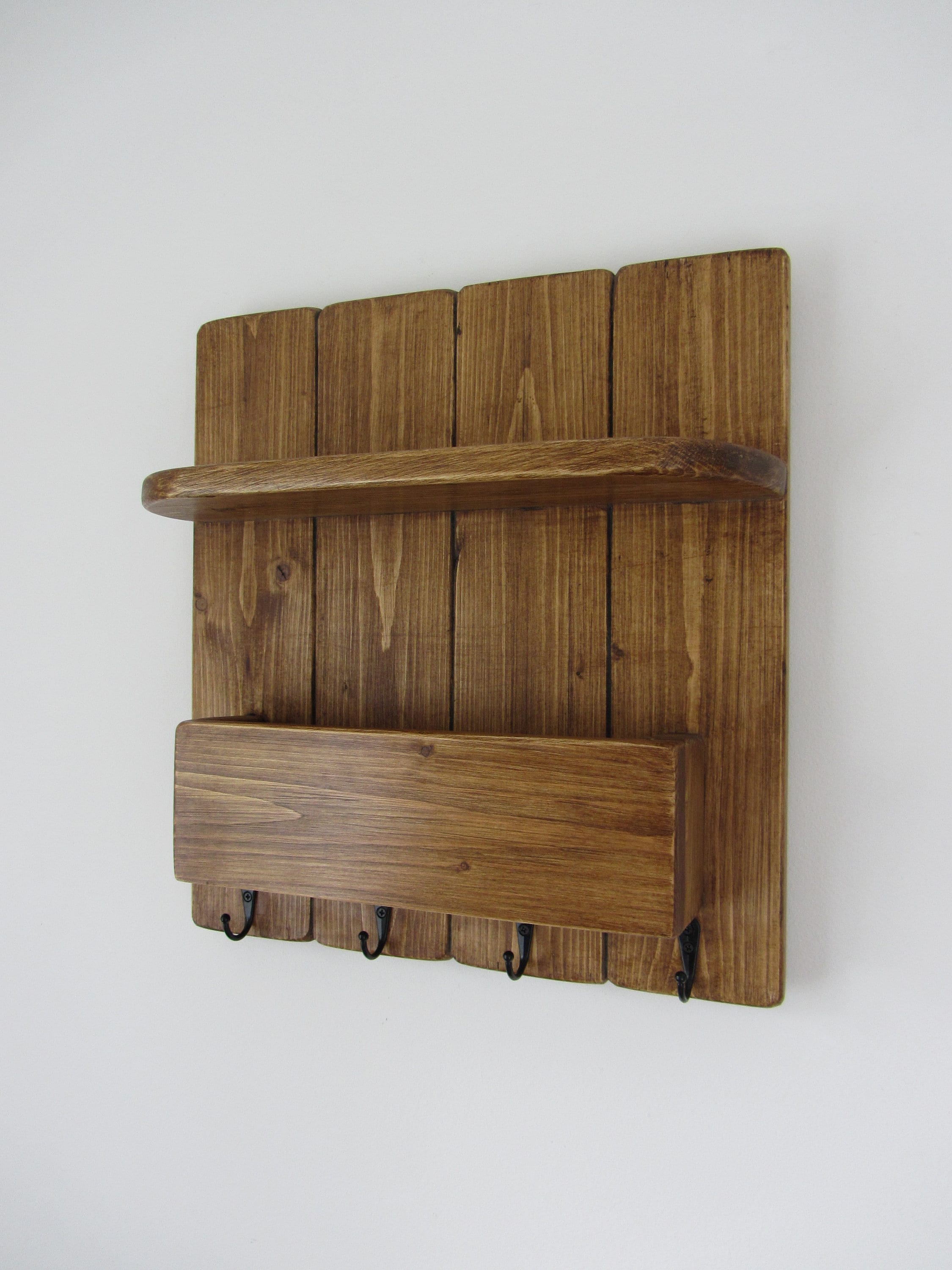Rustic Reclaimed Wood 4 Hook Key Holder With Shelf and Letter Rack