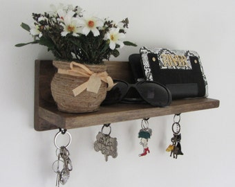 Rustic Pine Wood Key Holder with Shelf, Entryway Organizer