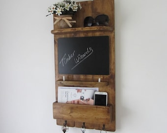 Reclaimed wood kitchen organizer 3 hook key holder with shelf , letter rack & chalk board blackboard 7 colour options