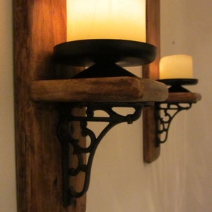 Pair of rustic reclaimed wood wall sconce candle holders with beautiful cast iron bracket decoration image 4