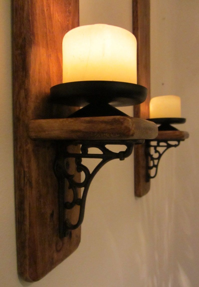 Pair of rustic reclaimed wood wall sconce candle holders with beautiful cast iron bracket decoration image 4
