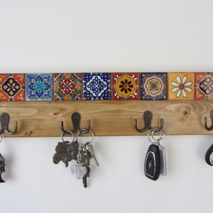 Mexican style reclaimed wood coat hooks / robe hooks / key hooks Iron hooks & hand painted Terracotta tiles