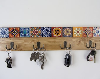 Mexican style reclaimed wood coat hooks / robe hooks / key hooks Iron hooks & hand painted Terracotta tiles