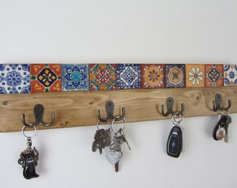Mexican theme reclaimed wood coat hooks / robe hooks / key hooks Iron hooks & hand painted Terracotta tiles