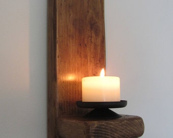 Reclaimed plank wood wall sconce candle holder with antique cast iron bracket decoration Various sizes available