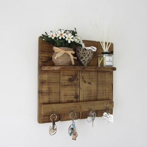 Rustic reclaimed wood 4 hook key holder with shelf , Rustic kitchen furniture