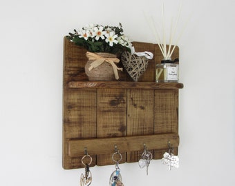 Rustic reclaimed wood 4 hook key holder with shelf , Rustic kitchen furniture