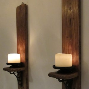 Pair of rustic reclaimed wood wall sconce candle holders with beautiful cast iron bracket decoration image 2