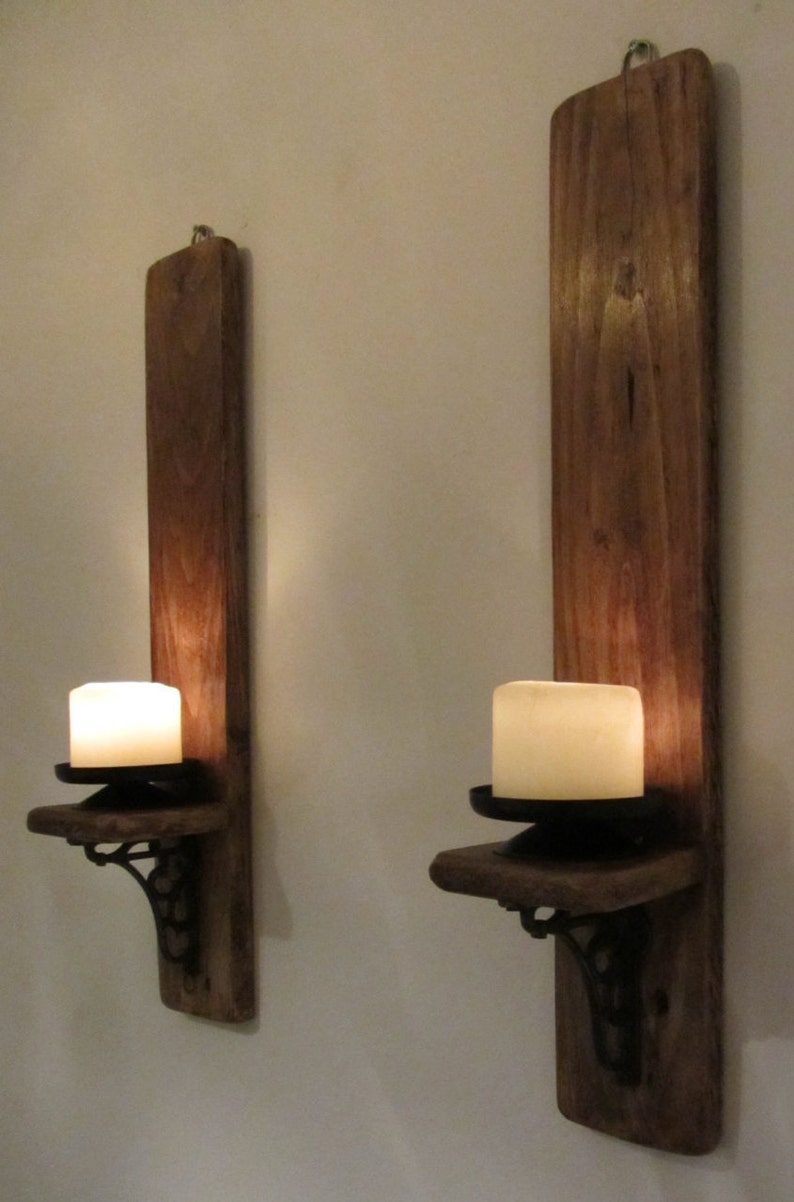 Pair of rustic reclaimed wood wall sconce candle holders with beautiful cast iron bracket decoration image 2