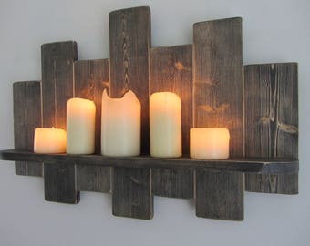 66cm distressed black Reclaimed pallet wood floating shelf / led candle holder shabby chic / country cottage furniture