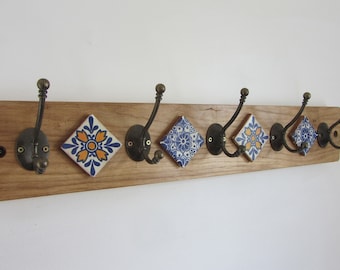 Mexican style solid oak 5 hook coat hooks / robe hooks Iron hooks & hand painted Terracotta tiles