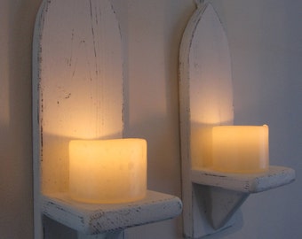 Pair of Church / Gothic arch style Distressed chalk white wall sconce led candle holders various sizes available